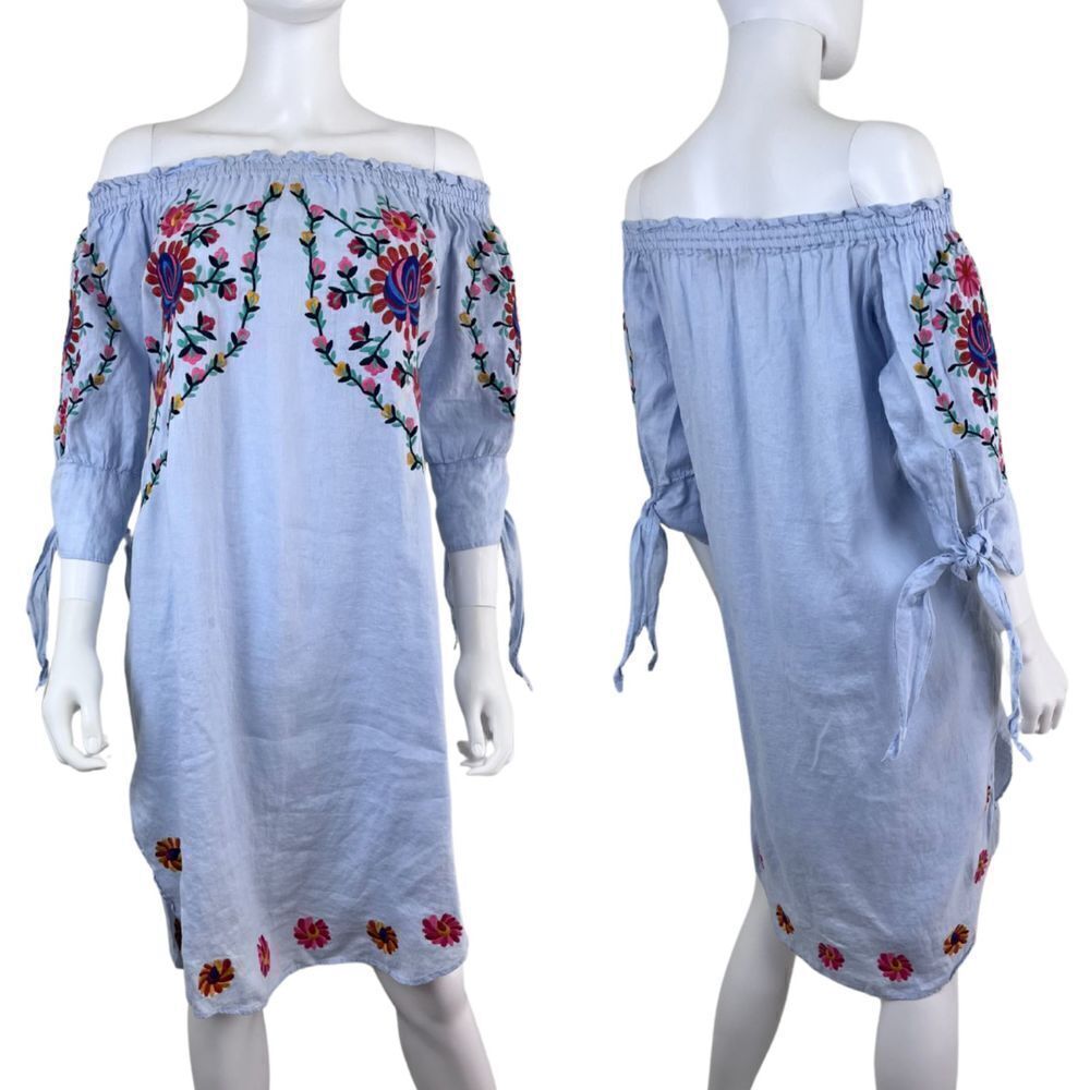 Zara Women Size S Linen Blue Floral Embroidered Pullover Tunic Midi Dress FLAWED